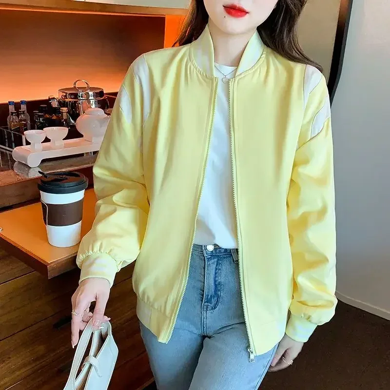 Chaquetas Bomber con cremallera para mujer, abrigos de aviador de béisbol para mujer, empalme amarillo, elegante, juvenil, manga larga, elegante, ofertas de tendencia 2025