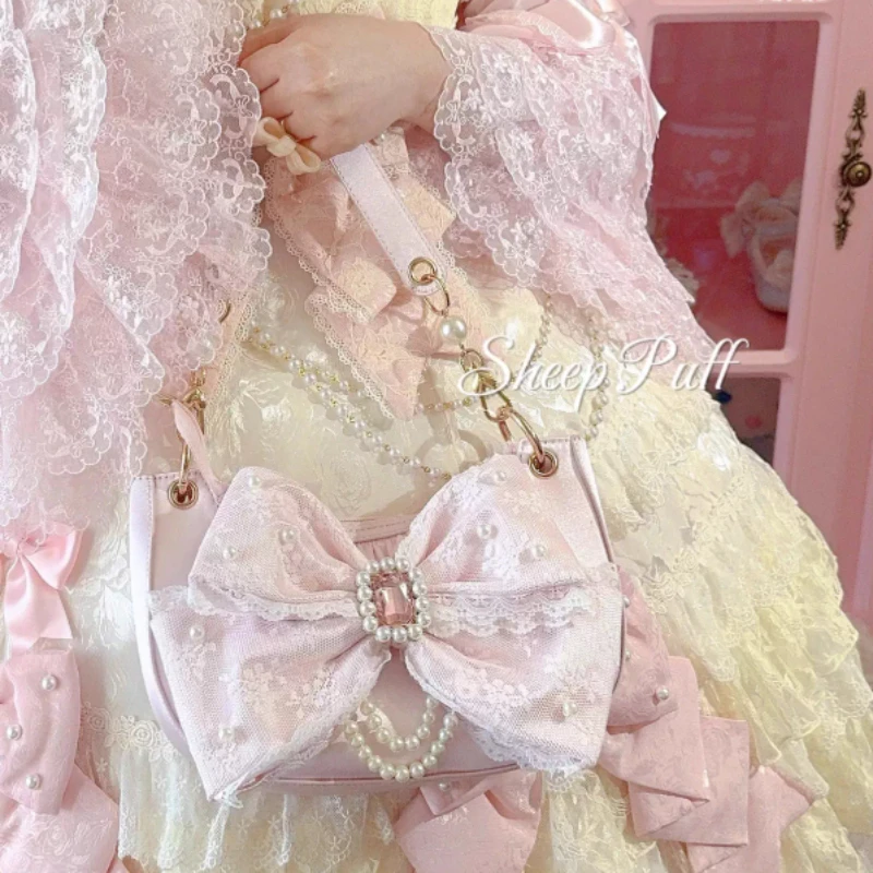 Japanese Mine Series Lolita Bow Lace Bow Rhinestone Shoulder Bag Female Sweet Cute Lo Sweet Underarm Bag Female Shoulder Bags