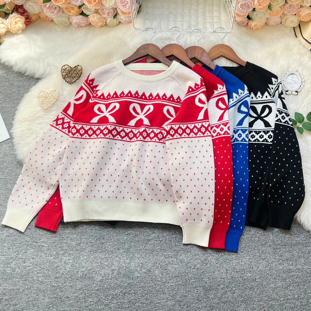 YuooMuoo Ins Fashion Aesthetic Sweaters Women 2025 Autumn Winter Vintage Y2K Bows Jacquard Pullover Korean Lady Knitted Tops