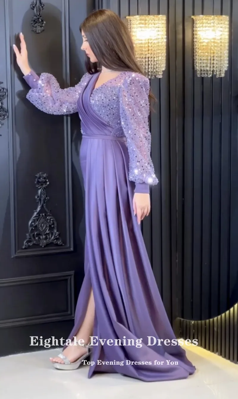 Eightale Dubai Luxury Evening Dress V-Neck Purple Customized Sequin Pearls Long Sleeves Mermaid Prom Party Gown for Wedding