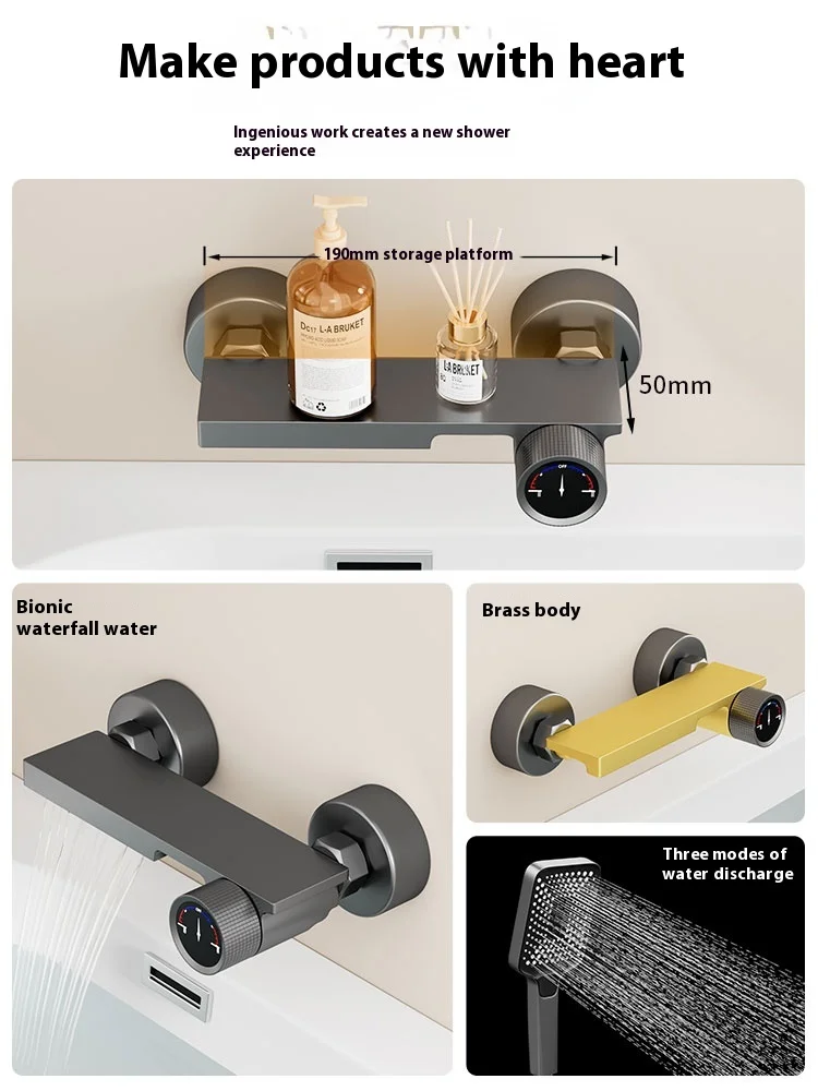 Solid Brass Deck Mounted Tub Shower Faucet - Hot/Cold High Flow Mixing Valve with Shower Head, Bathroom Fixture