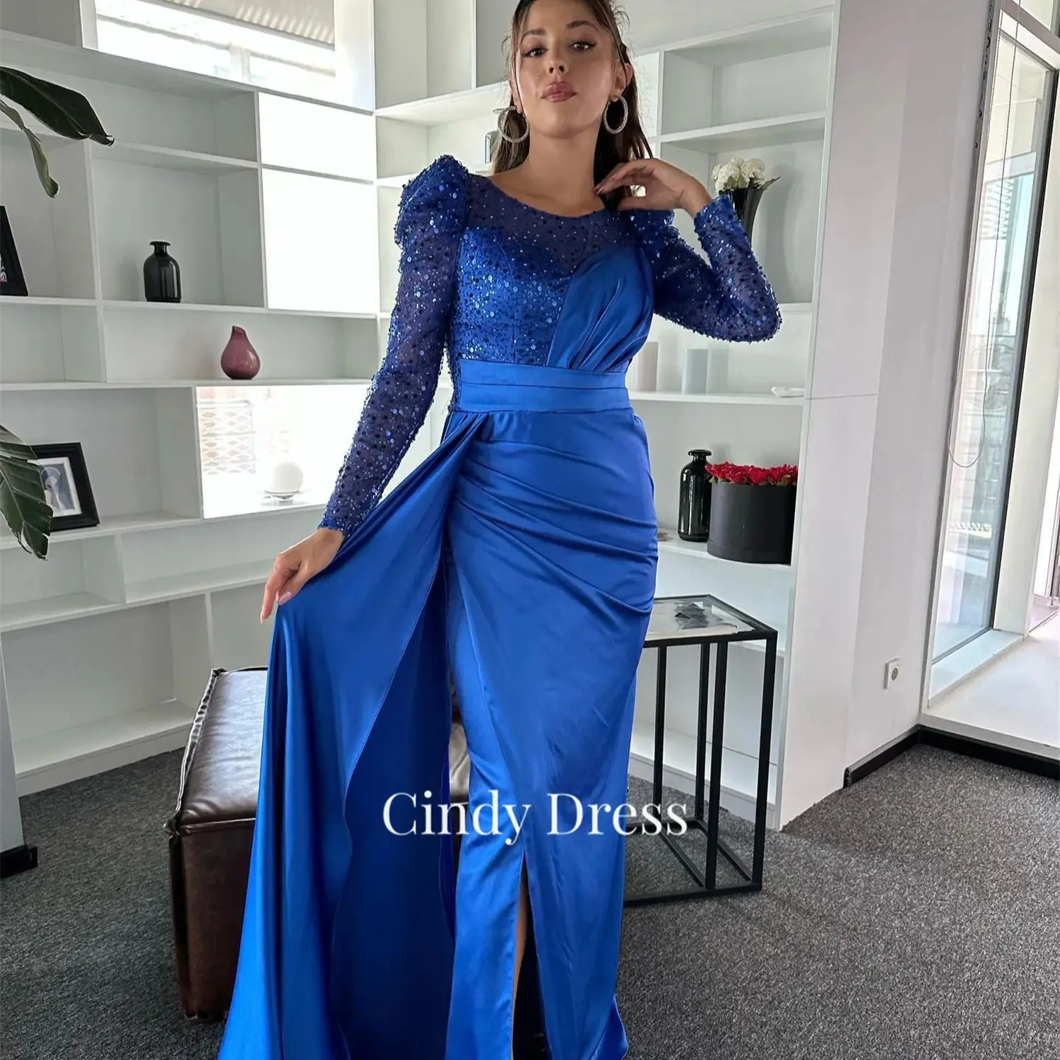 

Cindy Blue Long Sleeves Satin Bead Embroidery Cocktail Dresses for Women Formal Dress Party Elegant Woman Evening Prom Wedding