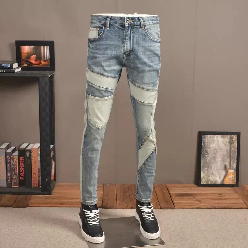 Streetwear Fashion Men Jeans Retro Blue Stretch Slim Fit Spliced Designer Ripped Jeans Men Patched Pocket Hip Hop Pants Hombre