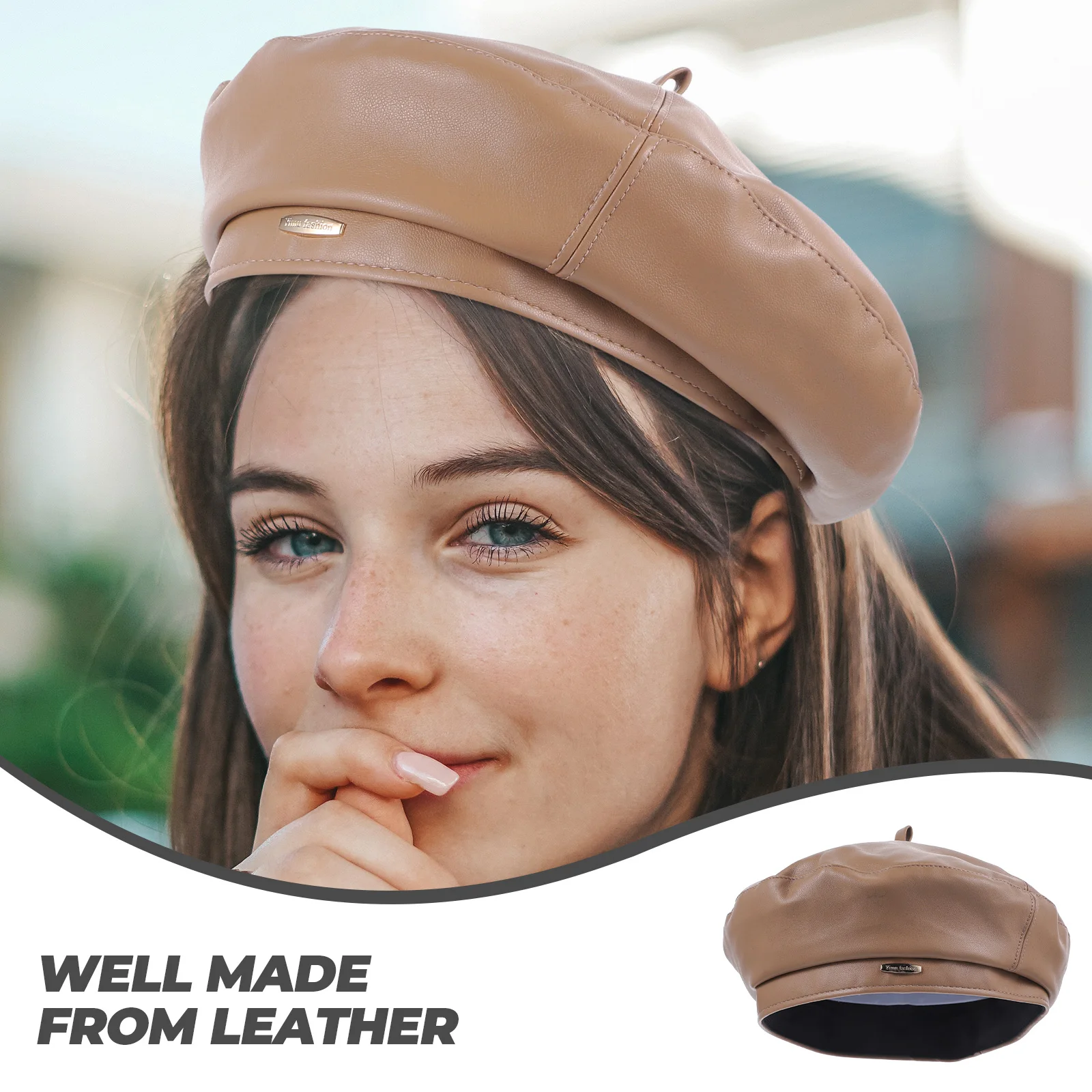 

Brown Pu Beret Warm Lightweight Fashion Hat Soft Breathable Headdress Style for Autumn Winter Women