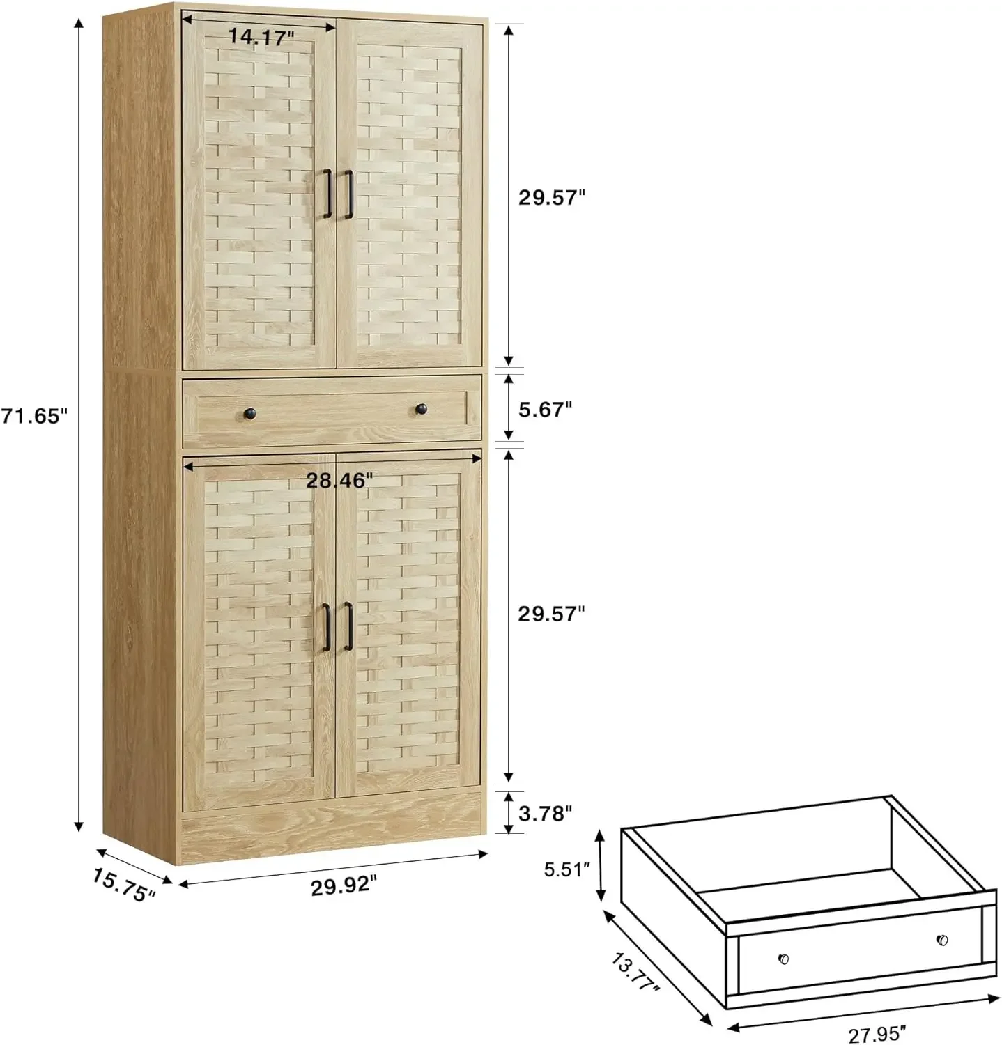 Kitchen Pantry Storage Cabinet with Woven Doors, Drawer and Adjustable Shelves, Freestanding Cupboard Storage Cabinet