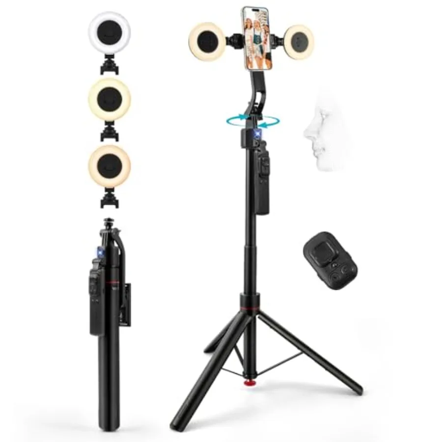 

Auto Face Tracking Tripod 360 Rotation, Auto-Open Tripod Stand for iPhone and Android with Light, No App, with Remote and Gestu