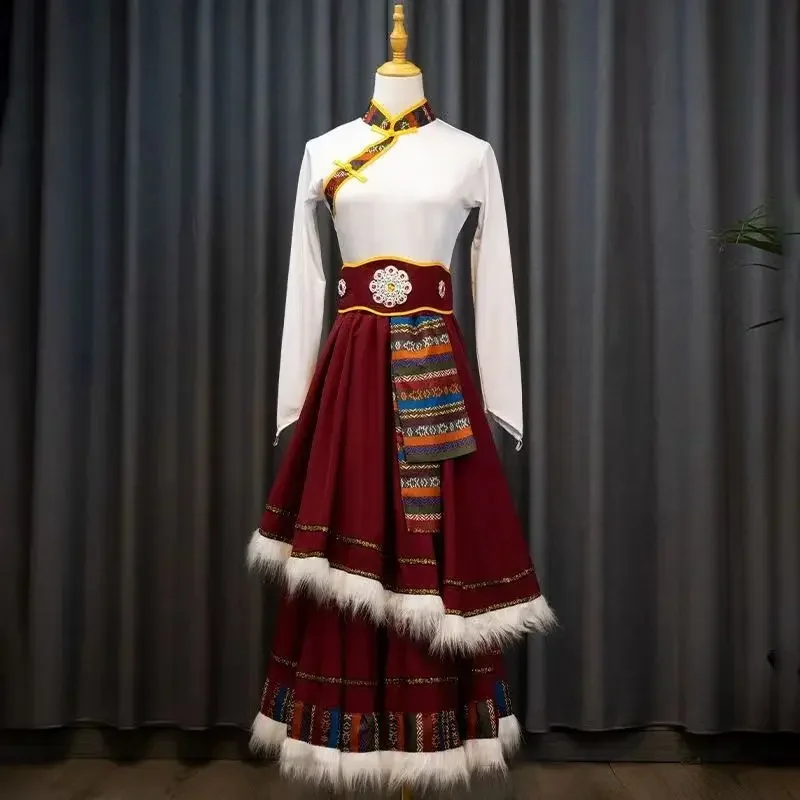 

New Tibetan Dance Performance Costume Mongolian Dance Double Layered Large Skirt Chinese Style Ethnic Dance Practice Skirt