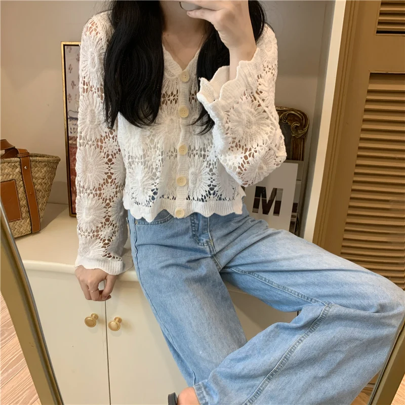 FANIECES Women Summer Cardigan Shirts blusa feminina camisas Hollow Out Embroidery Shirt Blouse Long Sleeve Mesh Design Tops