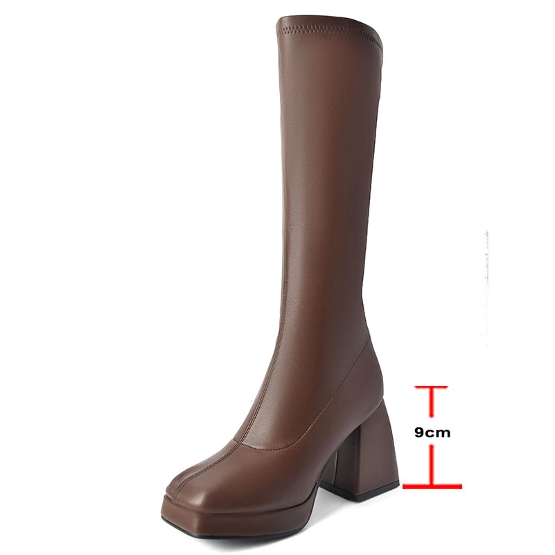 ANNYMOLI stivali Gogo alti al ginocchio da donna punta quadrata tacchi alti spessi piattaforma stivali lunghi scarpe moda donna inverno marrone