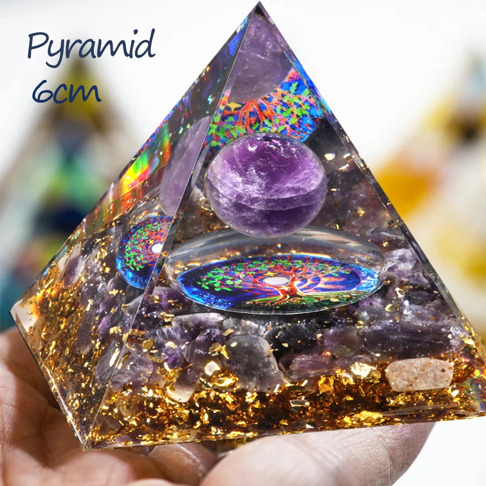 Pirámide de Amatista Natural, Adorno de Cristal Tallado, Gema Mineral para Sanación Aura, Decoración del Hogar, Regalo ﻿ 60x60 mm
