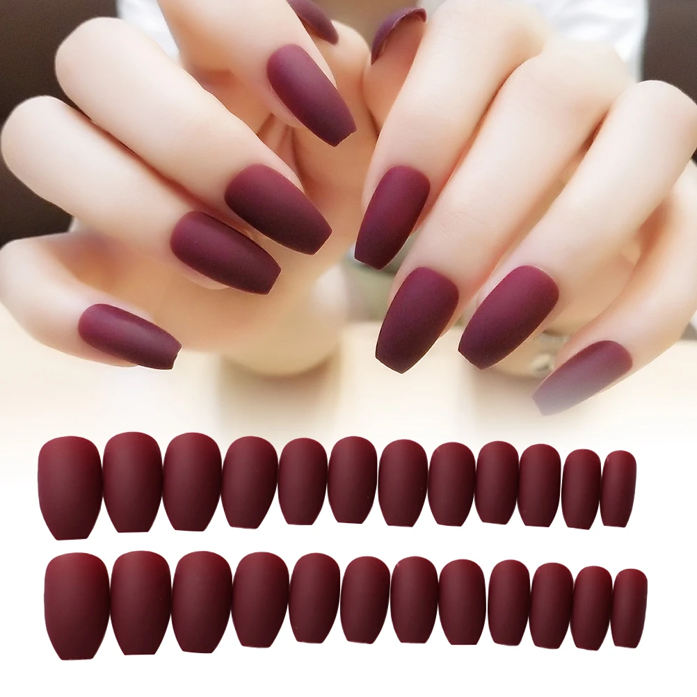 

Wine Red Fake Nails Matte Artificial Nail Stickers for Christmas Party Birthday Holiday DIY Nail Art Easy Apply At Home