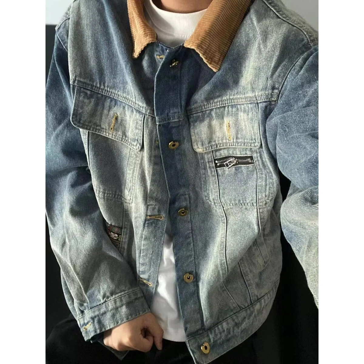 ريترو فضفاض طوق الدنيم Jaet للرجال عادية ربيع الخريف جديد Sle العصرية ملابس خارجية الوقوف صالح طويل Sve الجينز Jaet #3