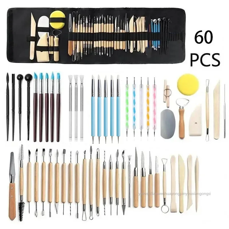 الطين السيراميك النحت أدوات عدة 60 قطعة النمذجة إصلاح الفخار طقم أدوات المهنية تنعيم الطين الشمع نحت أداة فنية حقيبة