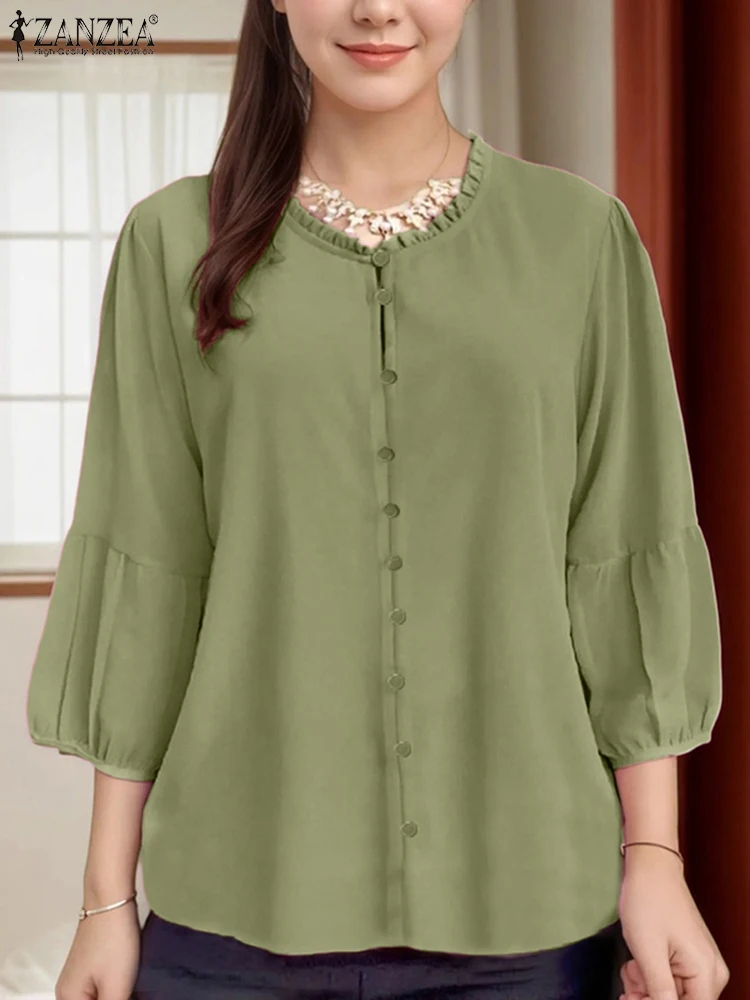 

ZANZEA Summer Autumn Shirt Elegant Women OL Work Blouse Stylish 3/4 Sleeve Solid Tops Female Casual O Neck Loose Blusas Oversize