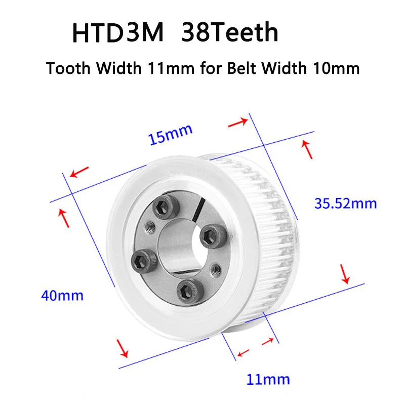 38T HTD3M Timing Pulley 5 6 6.35 8 9 10 11 12 14mm Bore Keyless 38 Teeth Belt Pulley For Width 10/15mm Synchronous Belt