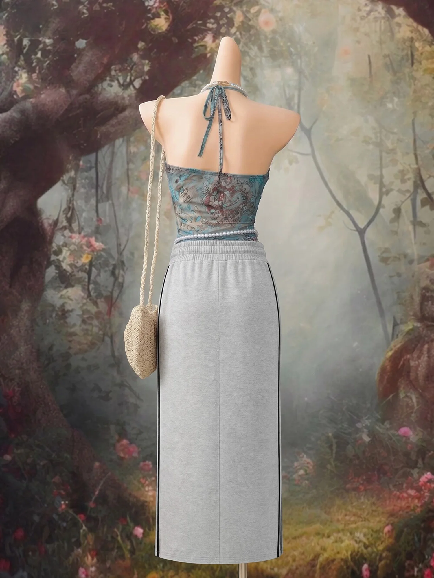 Women Casual Side Stripe Split Midi Skirt Elastic Drawstring Waist Sweat Skirt Loose Sporty Long Skirt Streetwear Daily Wear