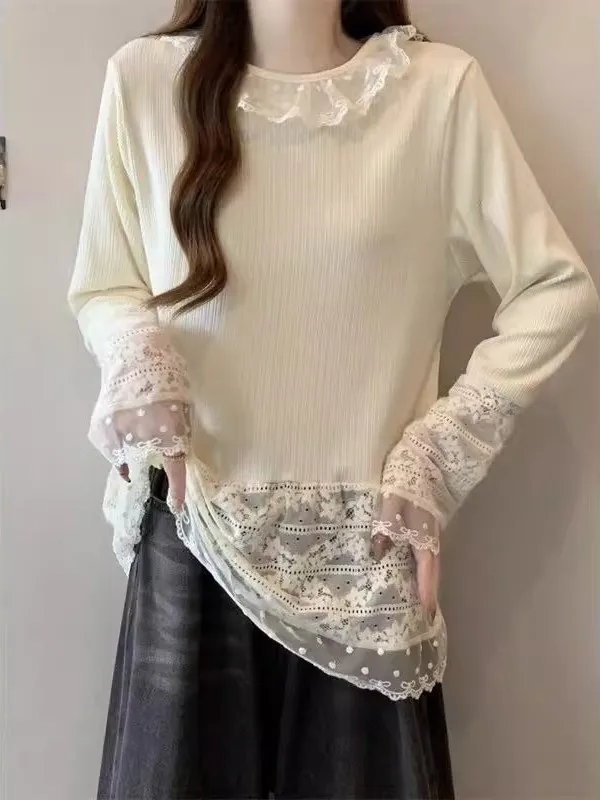 

Осенняя женская футболка с длинным рукавом, кружевная, под накидку, свободного кроя, в нежном стиле, из дышащей смесовой ткани, для прогулок по городу