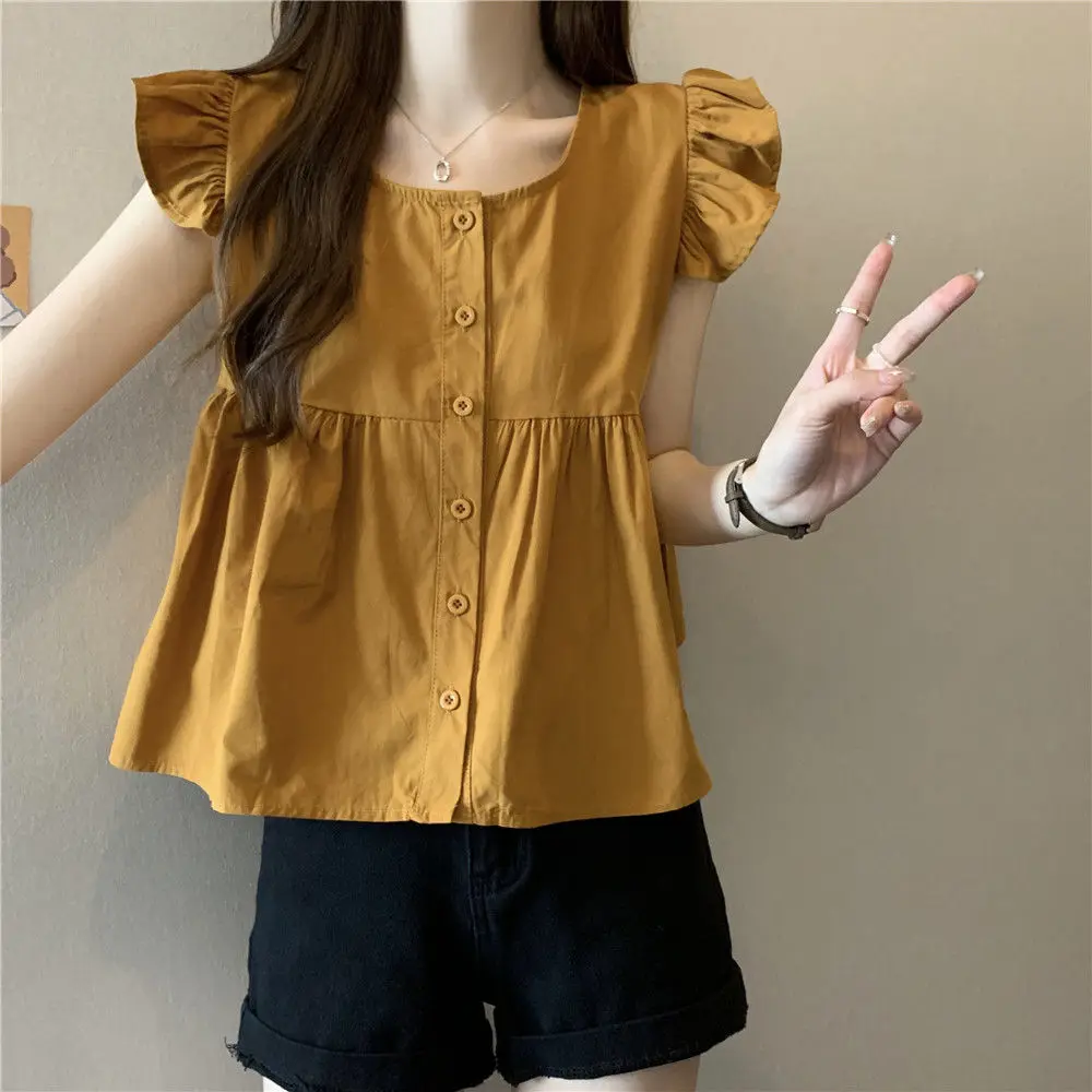 Solid Color Women\'s Summer Square Neck Buckle Sweet Ruffle Edge Loose Age Reducing Doll Shirt Flying Sleeves Fashionable Shirt