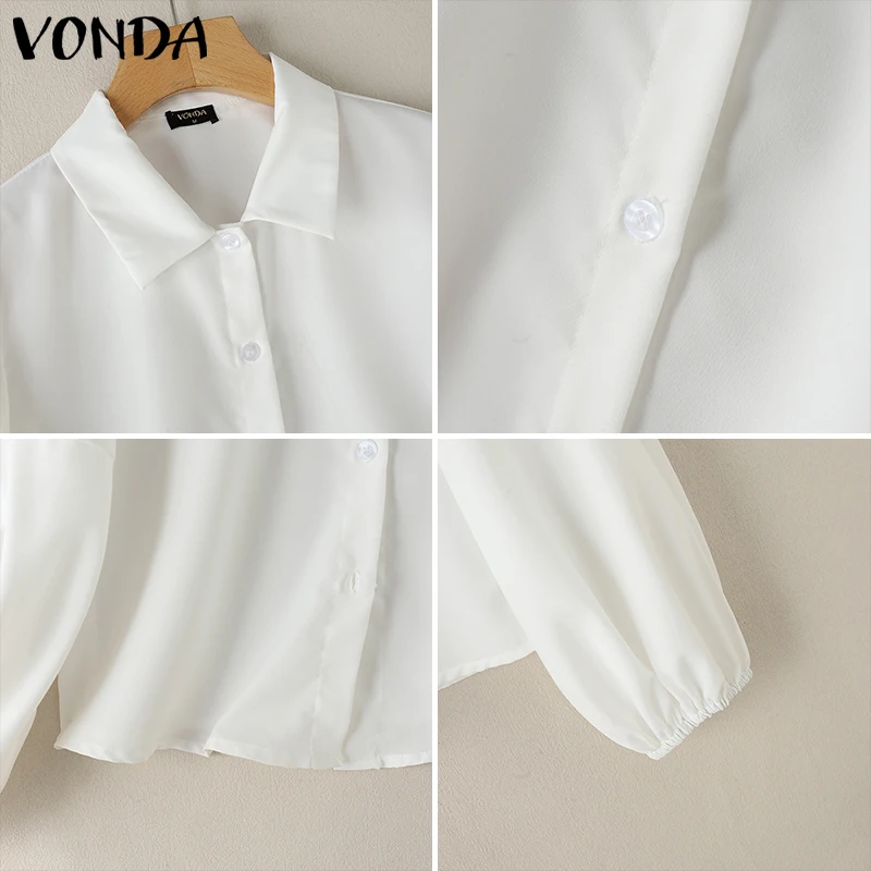 Plus Size 5XL Vonda Vrouwen Elegante Effen Kleur Blouse 2025 Mode Bladerdeeg Lange Mouwen Casual Revers Hals Tops Losse Blusas