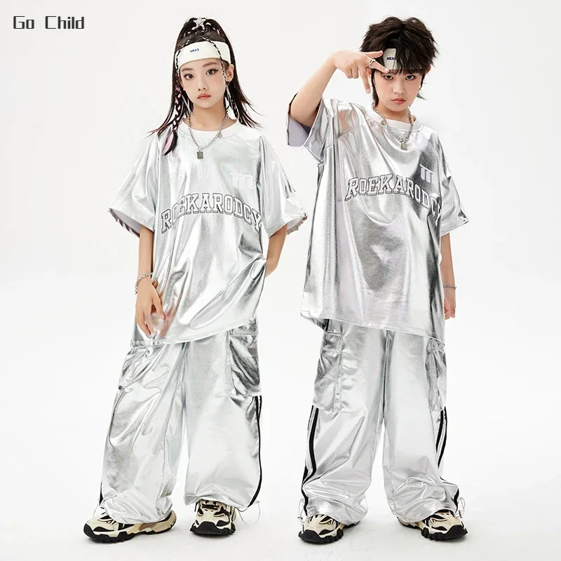 

Boys Hip Hop Silver T-shirt Street Dance K-pop Cargo Pants Girls PU Leather Clothes Set Child Shiny Streetwear Kids Jazz Costume