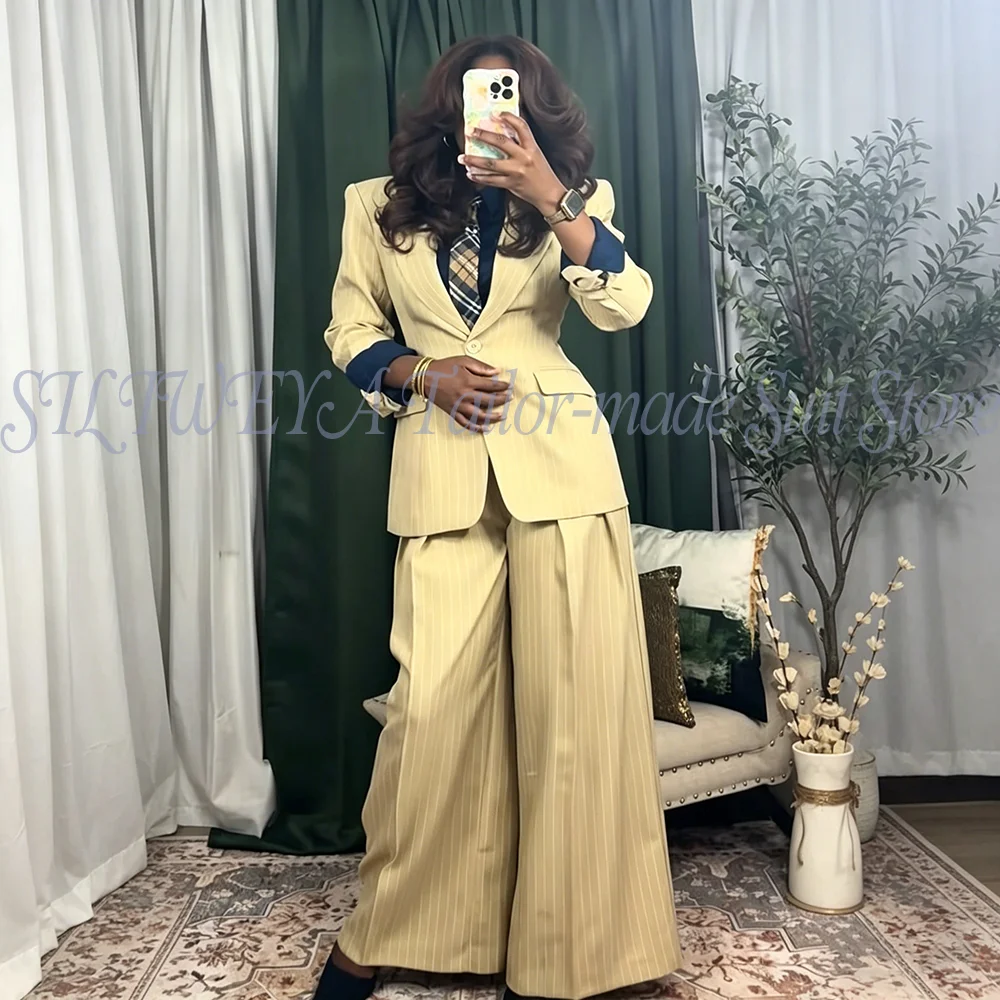 Elegant Women 2 Piece Pinstripe Suit Blazer With Wide Leg Pants Single Breasted Smart Casual Female Suits Fashion Trousers