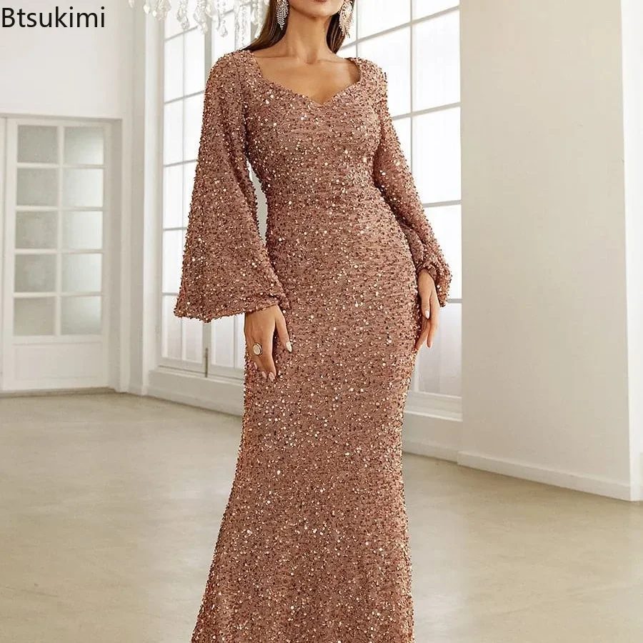 New 2024 Women\'s Elegant Sequins Party Maxi Dress Sexy Flare Long Sleeve V-neck Hip Wrap Dress Lady Sweetheart Evening Dresses