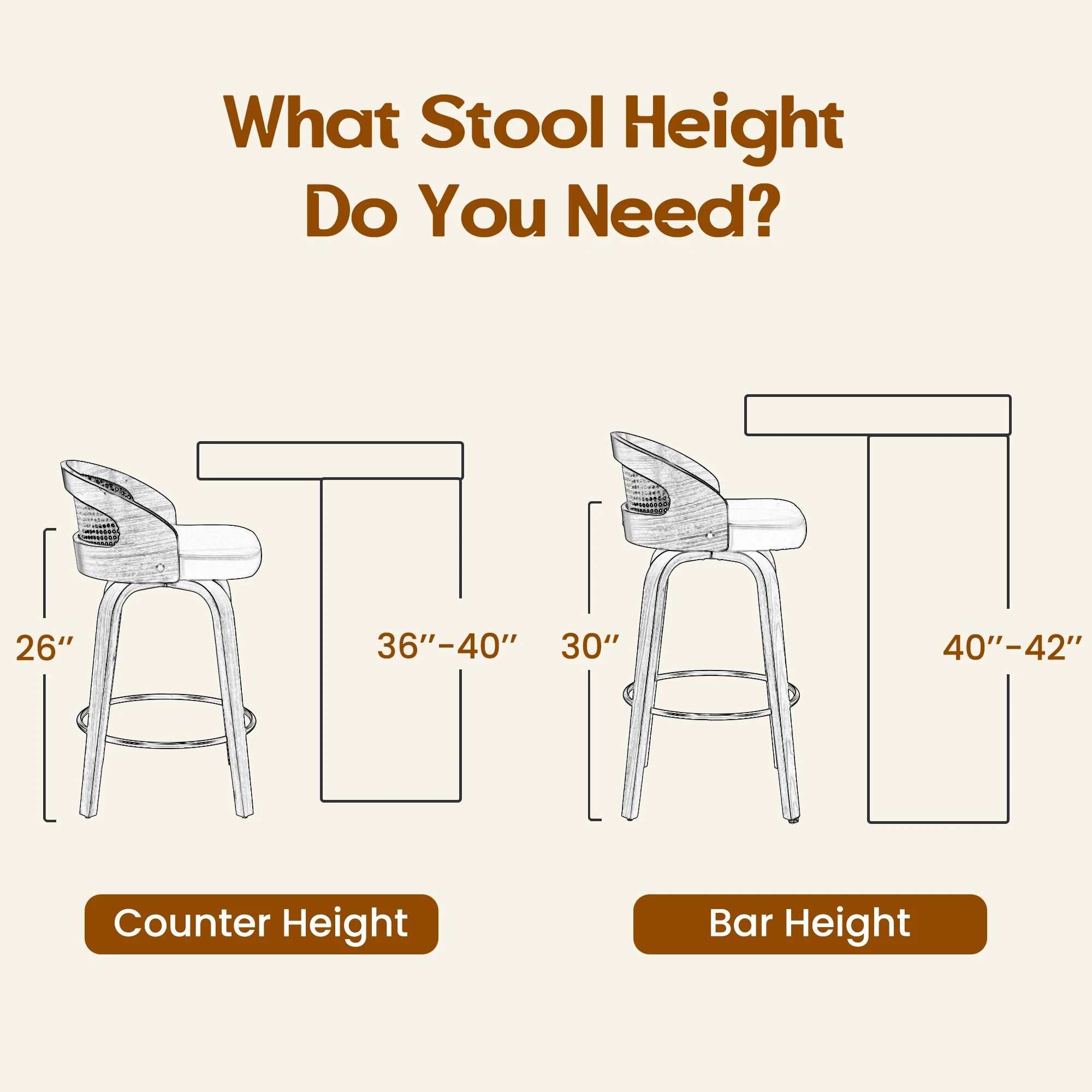 Set of 2 Swivel Bar Stools, Modern Wood Frame with Rattan Back, PU Leather Seat for Kitchen Counter, Bar Table