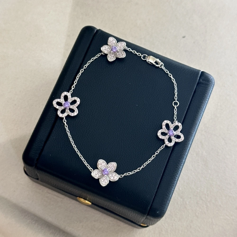 S925 Sterling Silver Fantasy Purple Four-Flower Bracelet Five-Petal Hollowed-Out Zircon Simple Generous Senior Sense