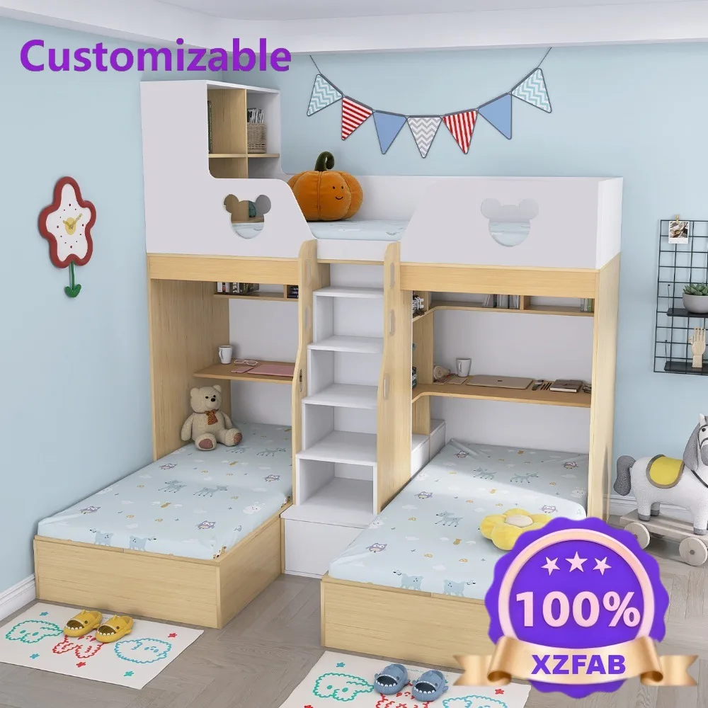 Factory Direct 2026 Space-Saving Kids Bunk Bed With Desk Triple Sleeper L-Shaped Loft Bed Offset Double/Single Bunk Bed