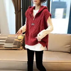 Red hooded knitted vest for women autumn and winter outer wear trendy sweater vest spring wear