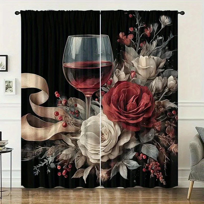 Red wine rose flower curtains, installed with pocket rods, suitable for bedrooms, living rooms, balconies, and decoration