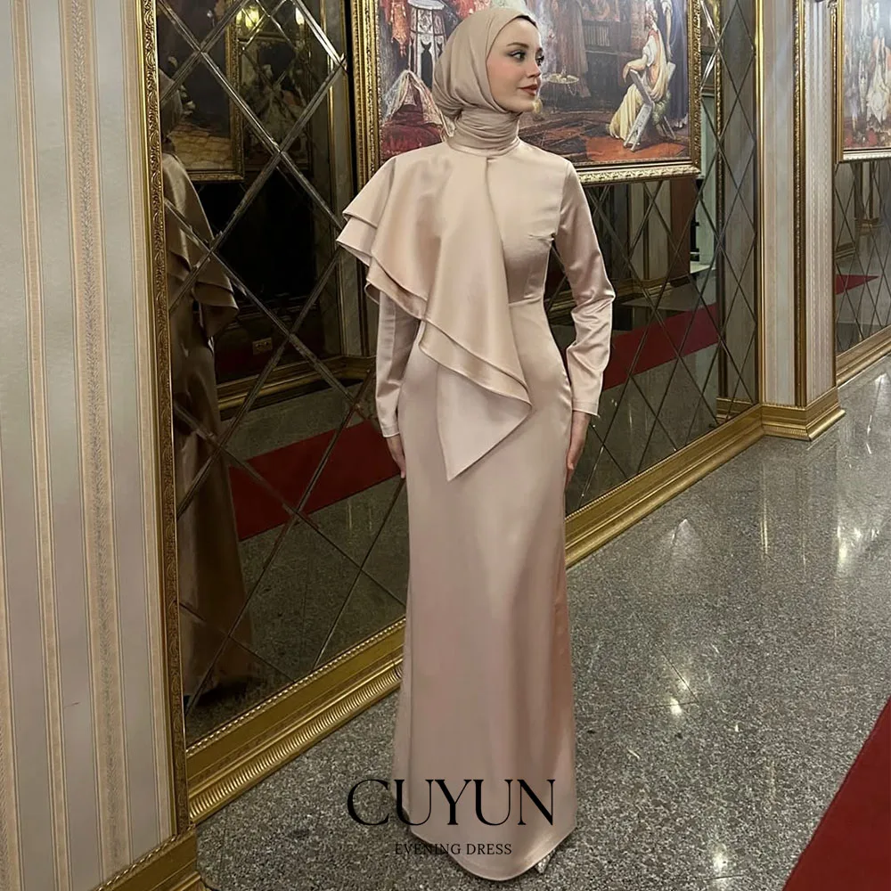 Suknie wieczorowe muzułmańskie CUYUN z satyny, z wysokim dekoltem, drapowane, proste, na specjalne okazje, szyte na miarę, z długimi rękawami, suknie na studniówkę.