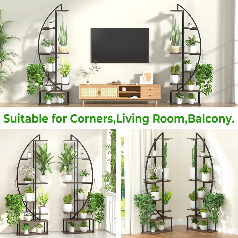 Indoor Plant Rack with Hooks, Plant Rack with Growth Lights, 2 Half Moon Shaped Plant Racks, 65 in