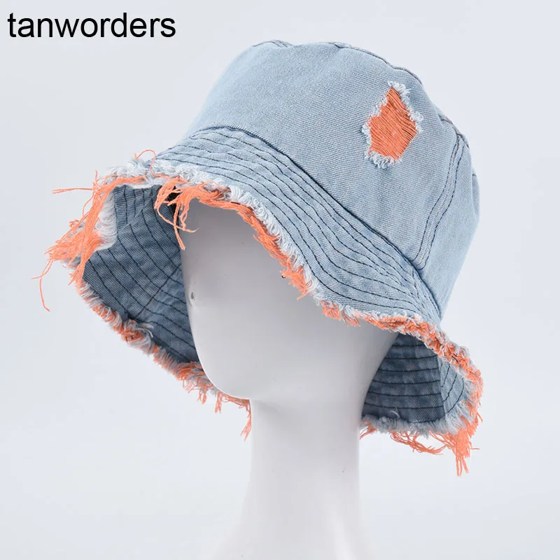 OMEA Denim Bucket Hat Women Colorful Ripped Fisherman Hat Rough Edges Casual Versatile Frayed Pot Hat Sun Hat Patchwork Cotton