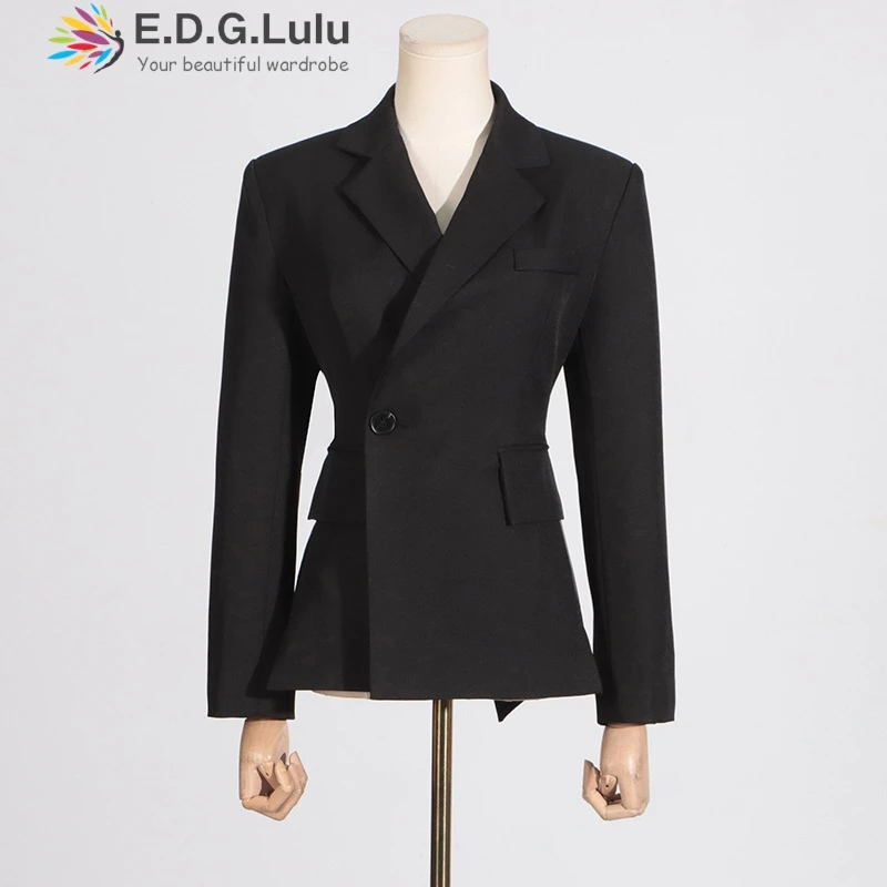 EDGLuLu Korean Fashion Turn-Down Collar Long Sleeved Black Suit Jacket Design Hollowed Backless Lace Up Bow Blazer Coat 1015