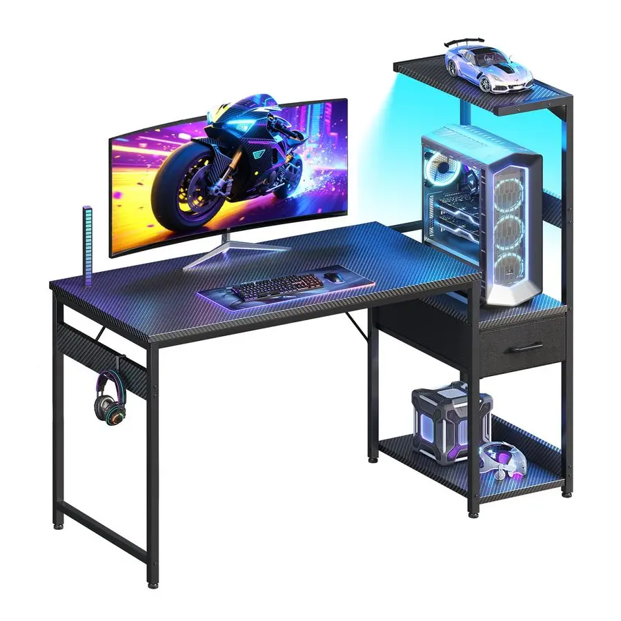 

48 Inch Gaming Desk with Storage amp LED Lights, Reversible Computer Desk with Display Shelves amp Fabric Drawer, M Customizable
