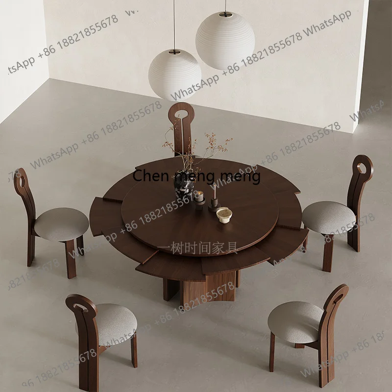 

Medieval wabi-sabi wind belt turntable black walnut rotating retractable dining table solid wood variable diameter dining table