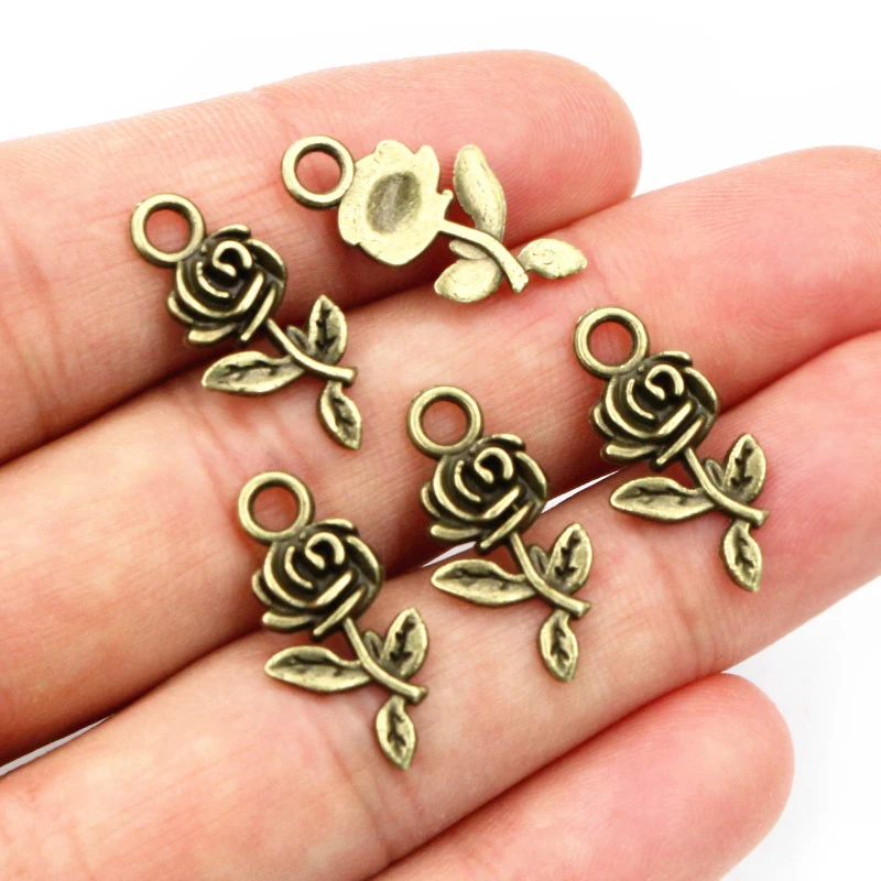 40pcs 21x10mm Antique Bronze Plated Flower Rose Handmade Charms Pendant:DIY for bracelet necklace