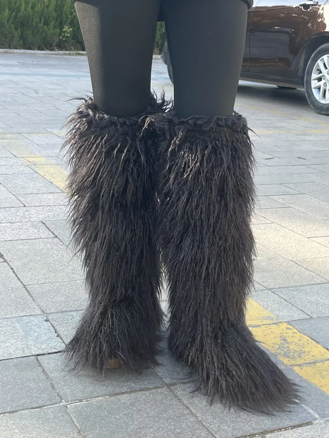 Women Winter Fluffy Faux Fur Mid-Calf Snow Boots Thick Flat Solid Rubber Soles Round Toe Over Knee High Boots Big Size 44 Warm