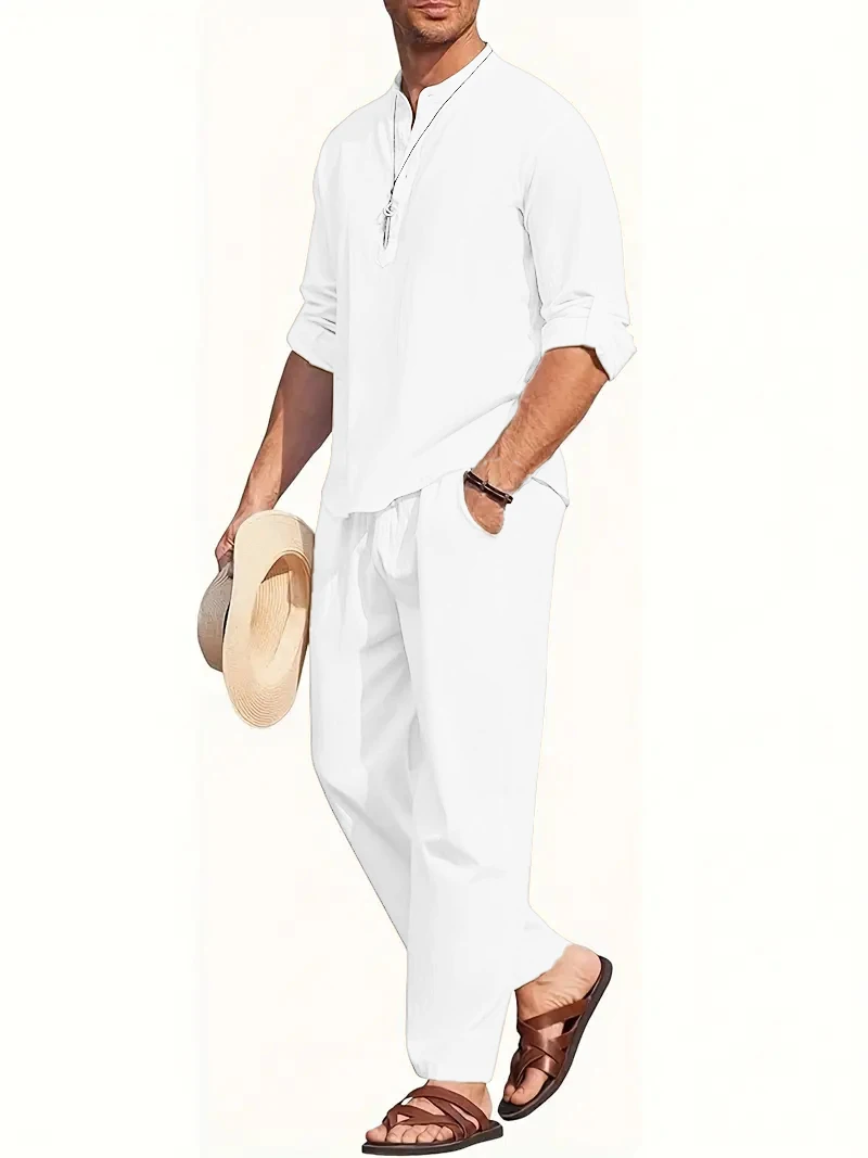 Men's White Linen Suit Set Long Sleeve Henley Shirt and Elastic Waist Pants Two Piece Outfit Summer Casual Comfortable view 4