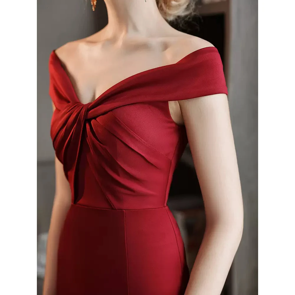 DEERVEADO Off Shoulder Soft Satin Mermaid Evening Dress with Train Wine Red Formal Party Dresses Women Sexy Long Prom Dress