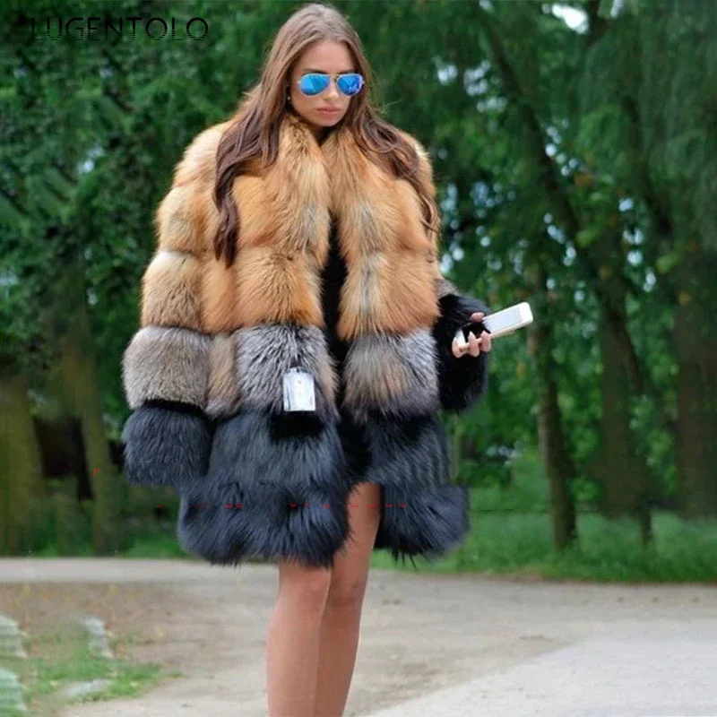 Women Long Faux Fur Coat Winter Fashion Large Size Thick Warm Fur Jacket Yellow and Black Contrast Stitching Cardigan Cloth