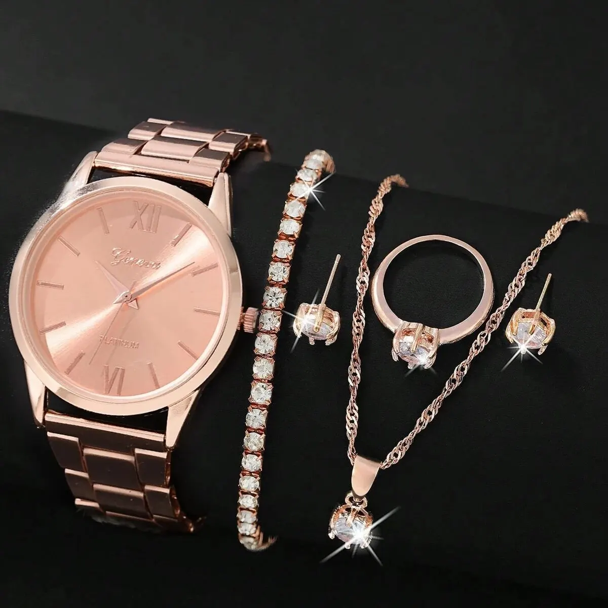 6Pcs Fashion Simple Atmosphere Roman Digital Steel Band Quartz Watch Luxury Rhinestone Earrings Necklace Bracelet Gift Set