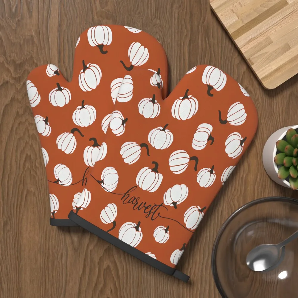 2pcs 10.6 X 6.7In Autumn Pumpkin Design Oven Mitts Heat Resistant And Non-Slip Suitable for Kitchen Decoration Barbecue