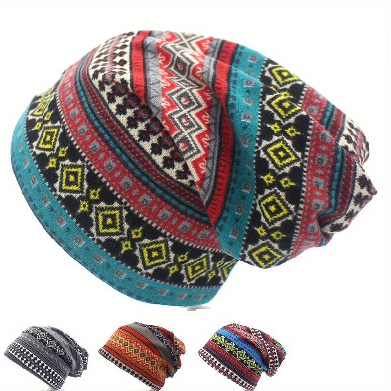 

Geometric Print Bohemia Skullies Cap Thicken Autumn and Winter Knitted Hat Warm Beanies Hat Scarf for Men and Women