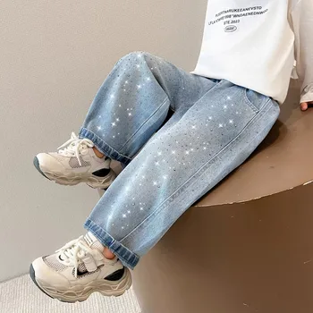 2026 Spring Autumn Kids Girl Jeans  Trendy Loose Casual Kids Denim Pants with Embellishments Children Girls Shiny Trousers