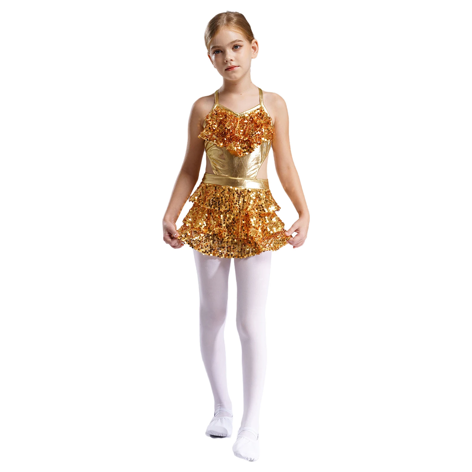 Kids Girls Sequins Jazz Latin Dance Dress Sleeveless Cutout Tiered Ruffle Metallic Leotard Ballet Skating Performance Costume