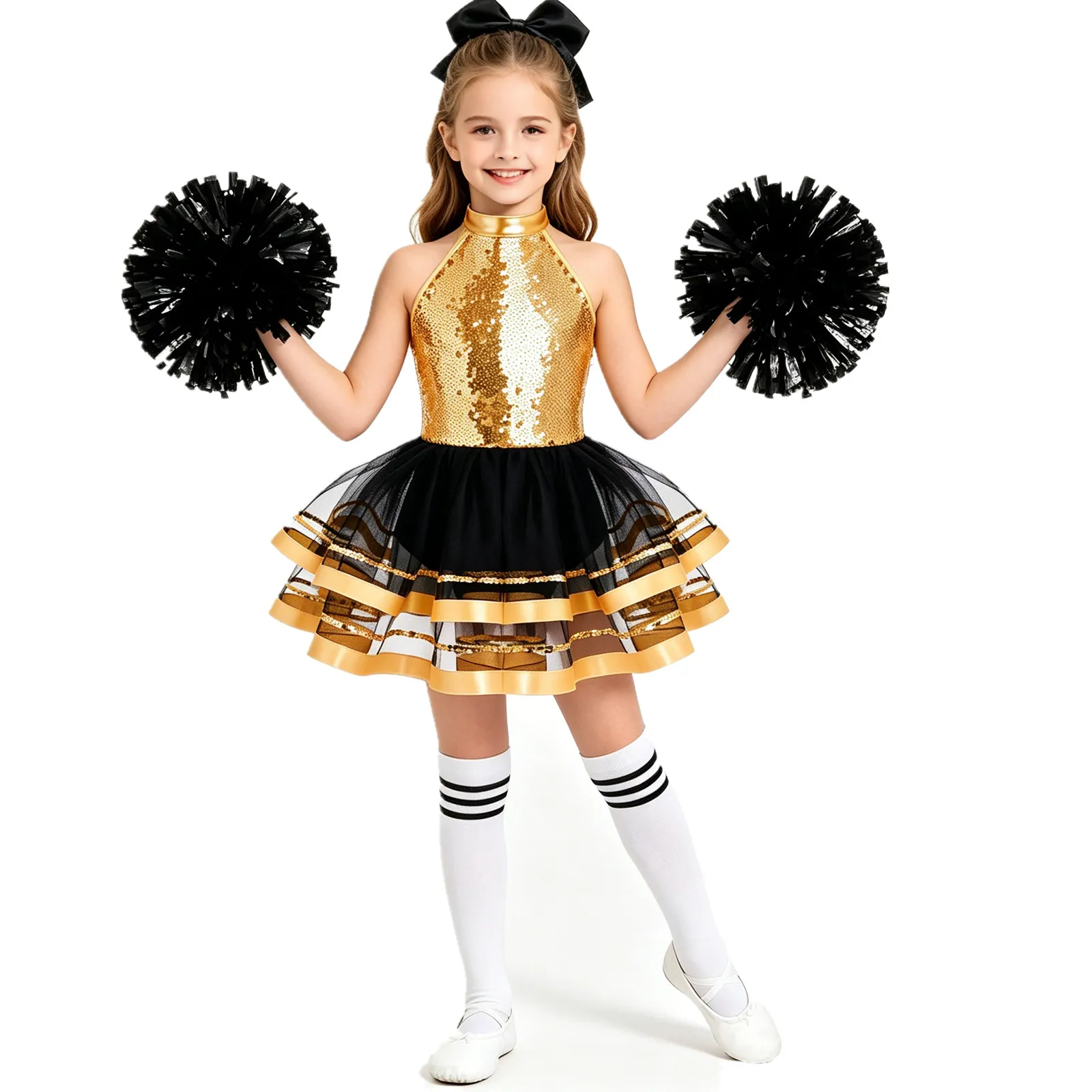 Children Girls Cheerleading Jazz Dance Outfit Shiny Sequins Tulle Ballet Tutu Leotard Dress with Flower Balls Headwear Socks