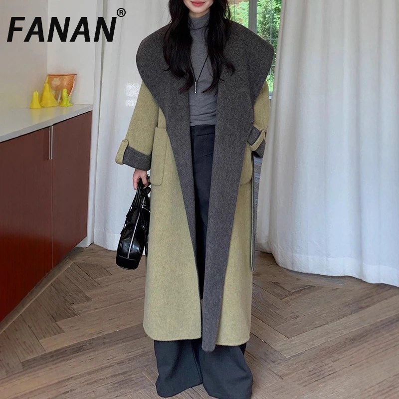 

FANAN Elegant Wool Coats For Women Contrast Color Design Belt Gathered Waist Long Outwear Fashion Female Clothes 2025 Winter New