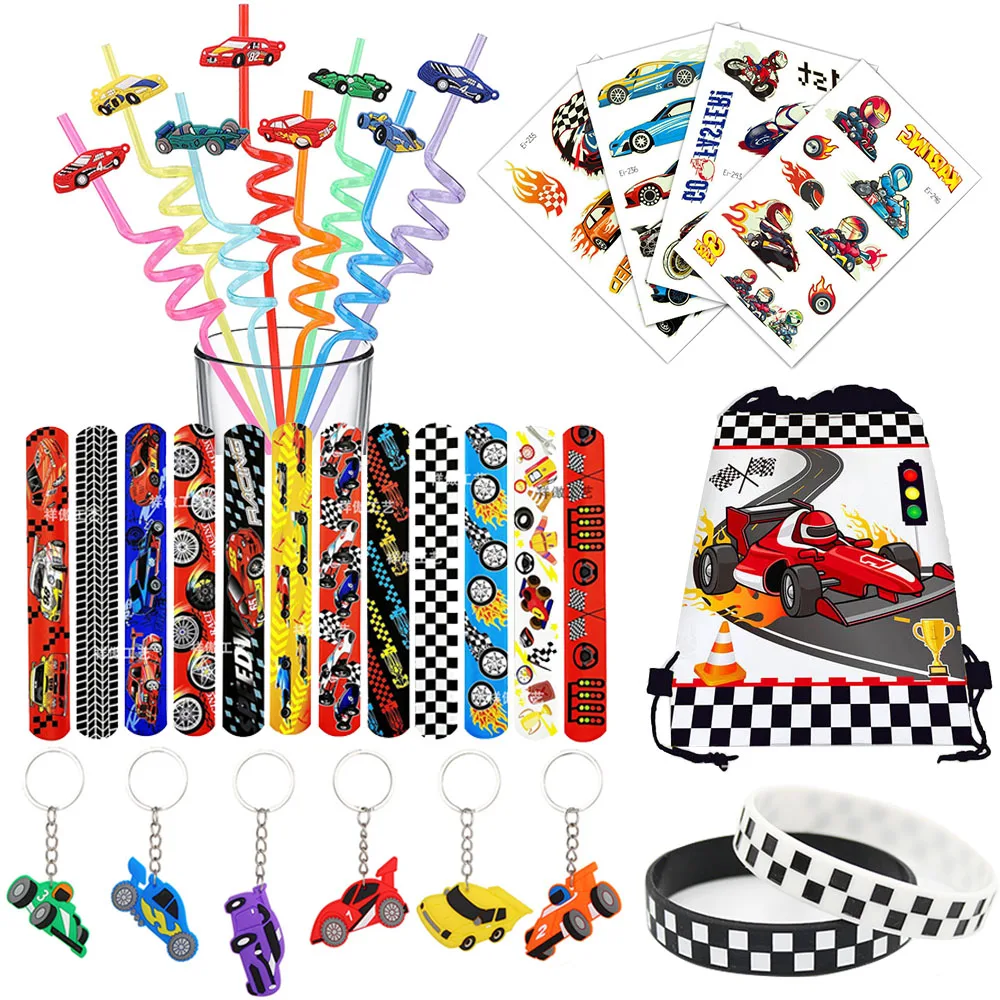 Race Car Party Favors Mini Race Cars Keychains Slap Bracelet Tattoo Stickers Straws Candy Bags Fillers Race Car Party Supplies